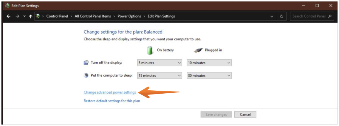 Click on Change Advanded Power Settings